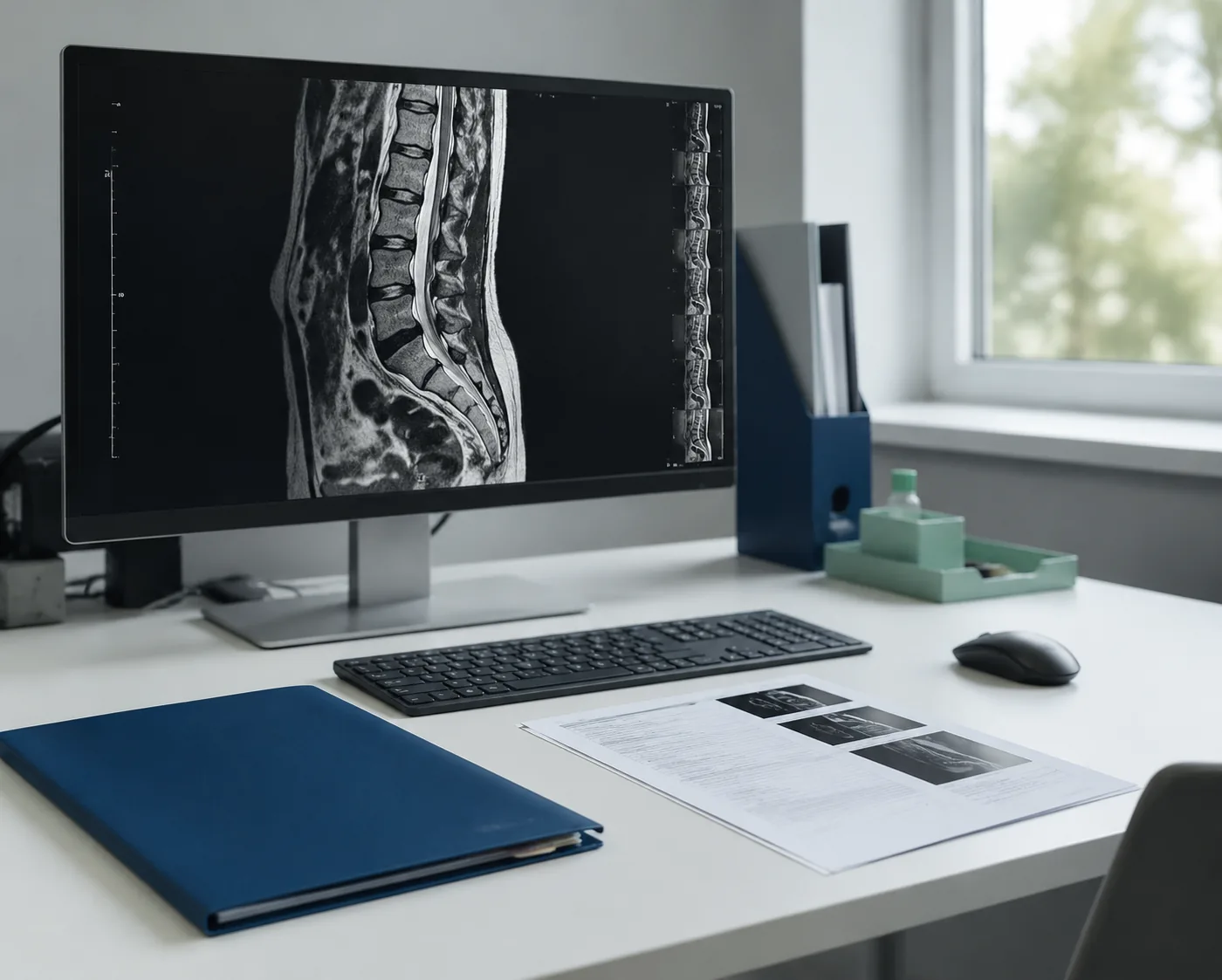 A physician reviewing spine imaging on a monitor