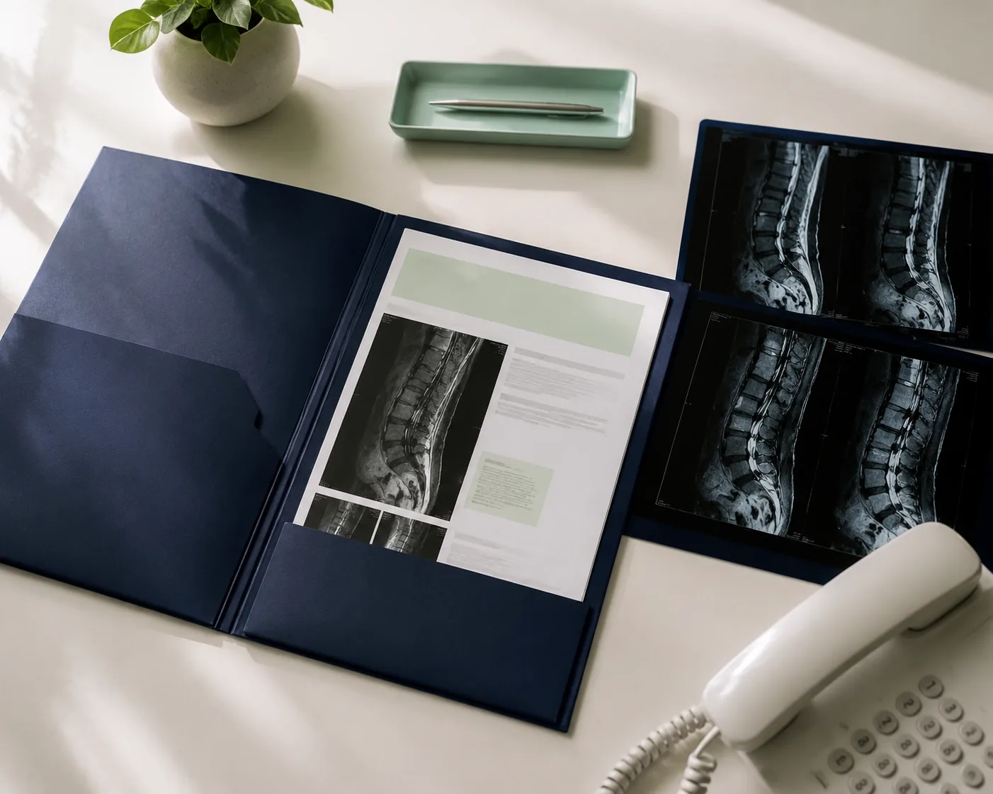 Spine films and a referral packet laid out on a desk