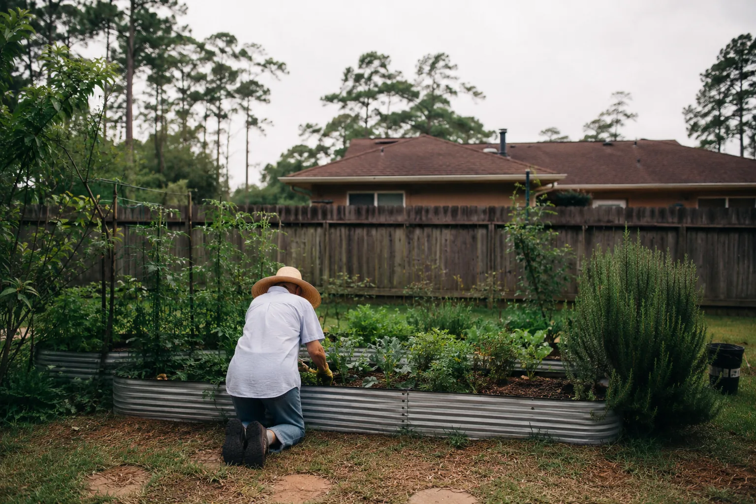 Hands working soil in a raised garden bed