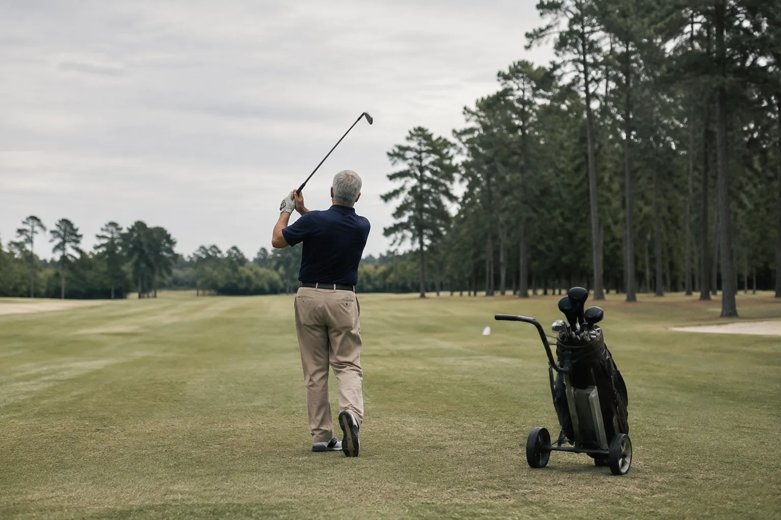 A golfer mid-swing on a quiet fairway