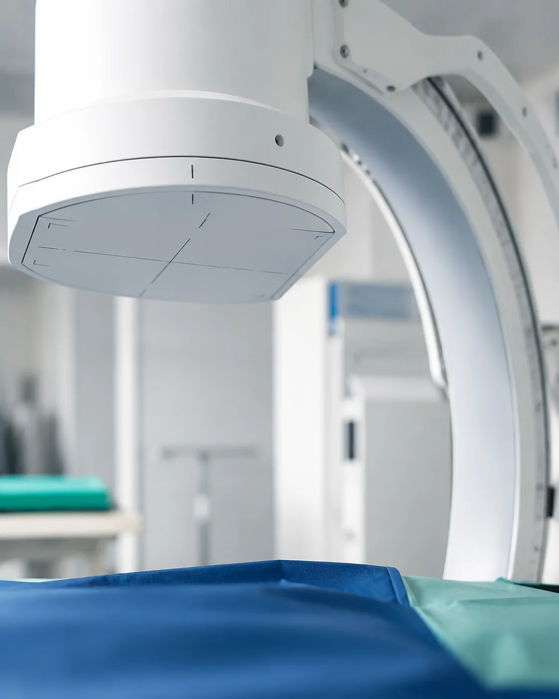 C-arm fluoroscopy unit positioned over a procedure table