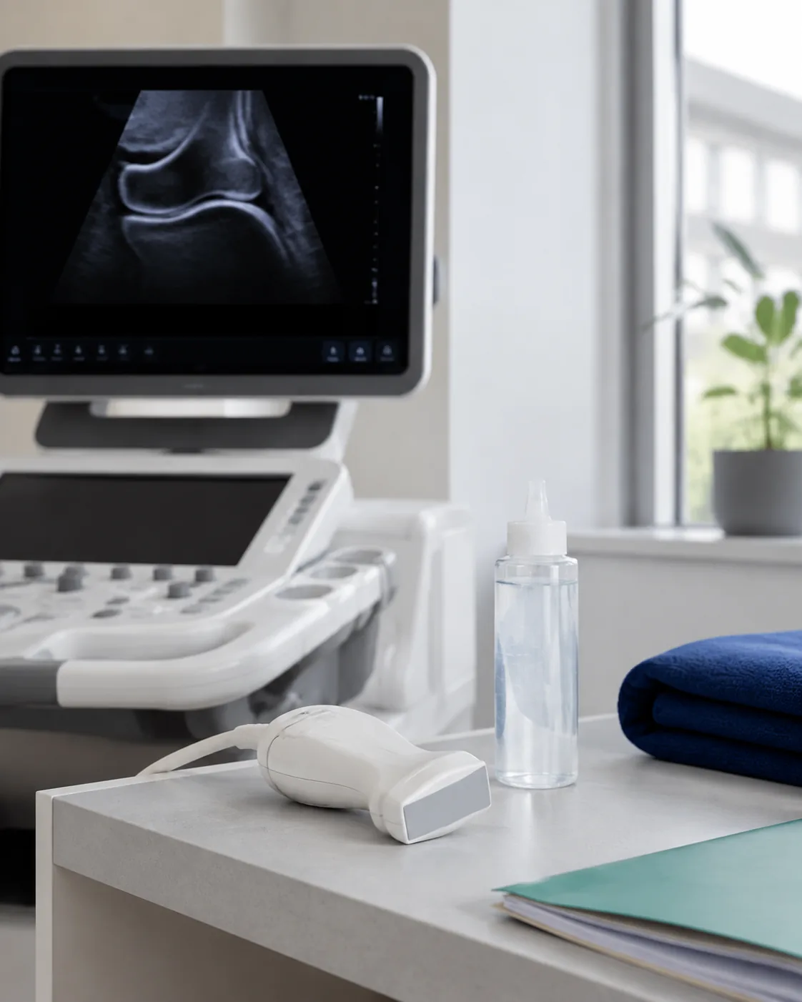 Ultrasound probe held over a knee during an image-guided injection