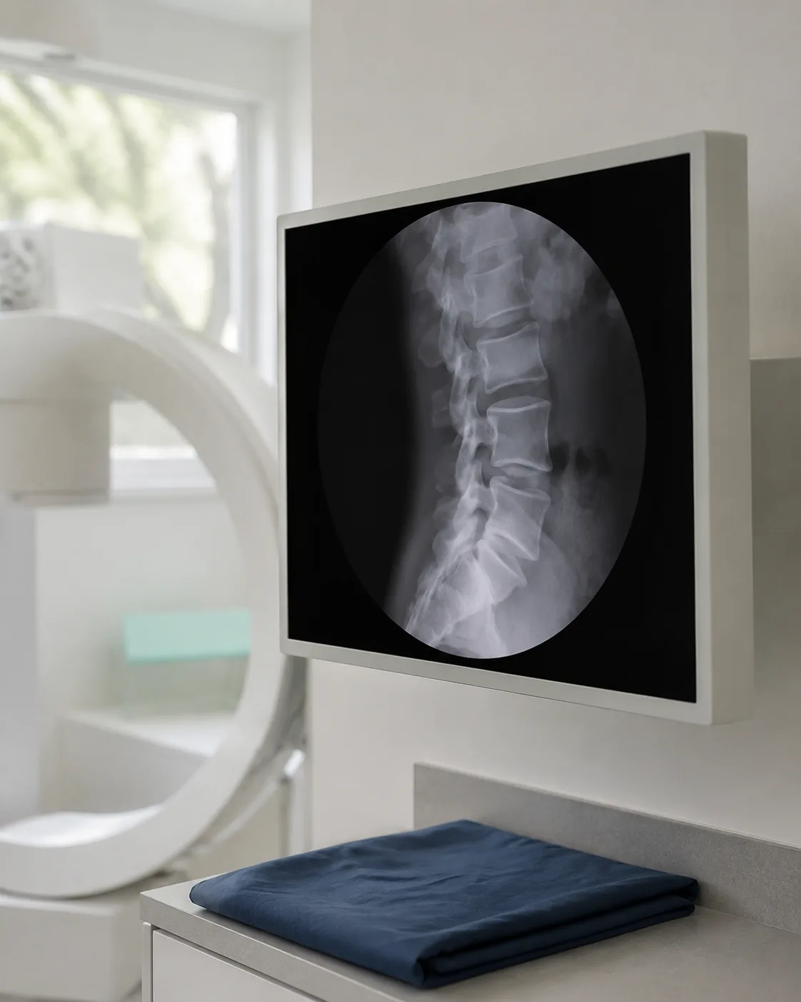 Monitor showing a side-view fluoroscopy image of the lumbar spine